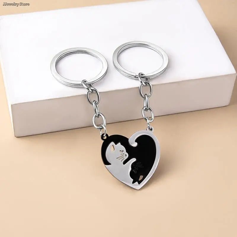 1Pair Cute Black Cat Keychain Patchwork Heart Round Couple Lovers Keyring Stainless Steel Backpack Car Key Ring Hanging Jewelry - Toutchat - Pourchat