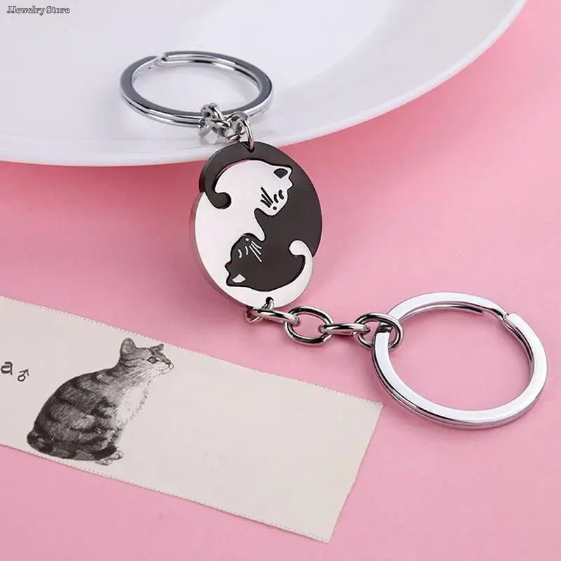 1Pair Cute Black Cat Keychain Patchwork Heart Round Couple Lovers Keyring Stainless Steel Backpack Car Key Ring Hanging Jewelry - Toutchat - Pourchat