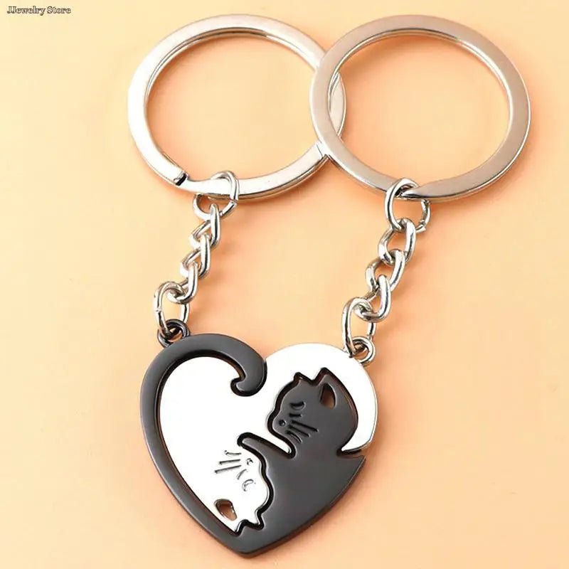 1Pair Cute Black Cat Keychain Patchwork Heart Round Couple Lovers Keyring Stainless Steel Backpack Car Key Ring Hanging Jewelry - Toutchat - Pourchat